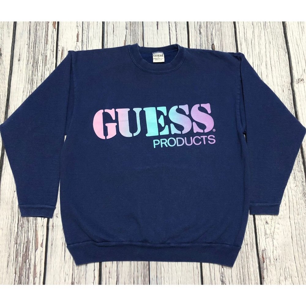 VTG 80s Guess Jeans USA Guess Products Spellout Blue Crewneck Sweater Size Small